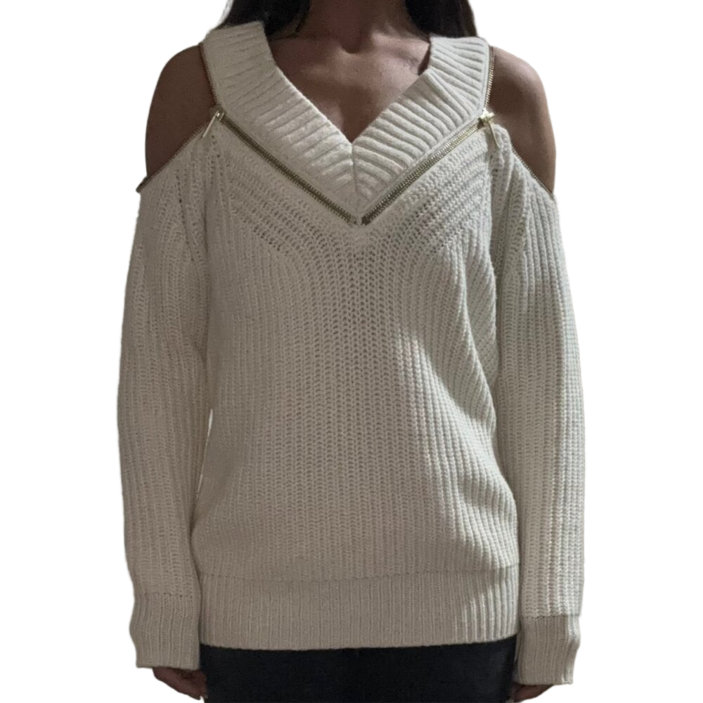 MICHAEL KORS Sweater Women's Size S white Zip Accent Cold Shoulder Knit Top - Picture 1 of 5